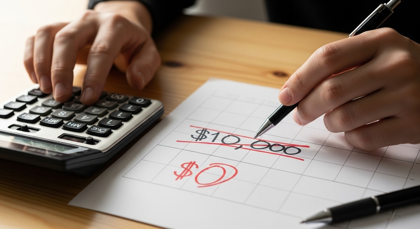 Manos calculando finanzas sobre un escritorio de madera con un bloc de notas.