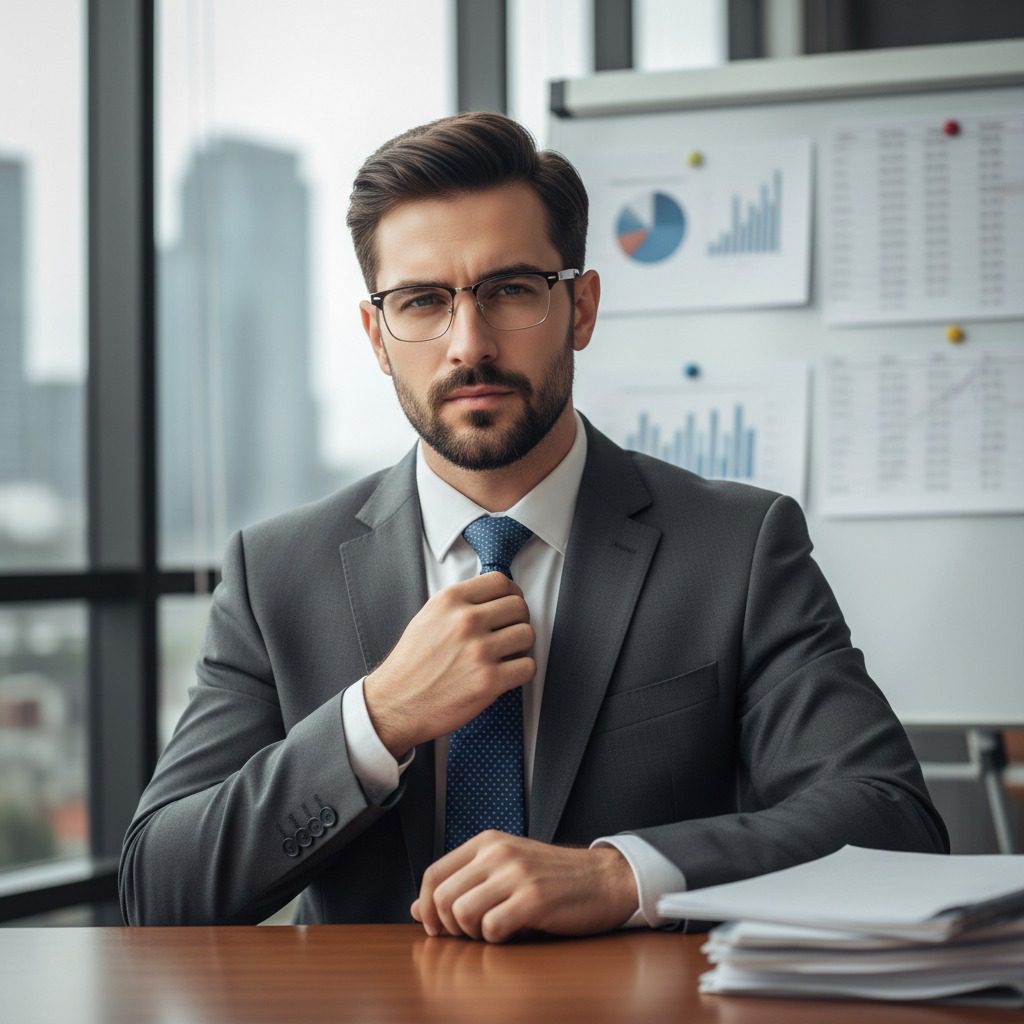 Un empresario con traje gris y gafas se ajusta la corbata en una oficina moderna frente a un escritorio con documentos.